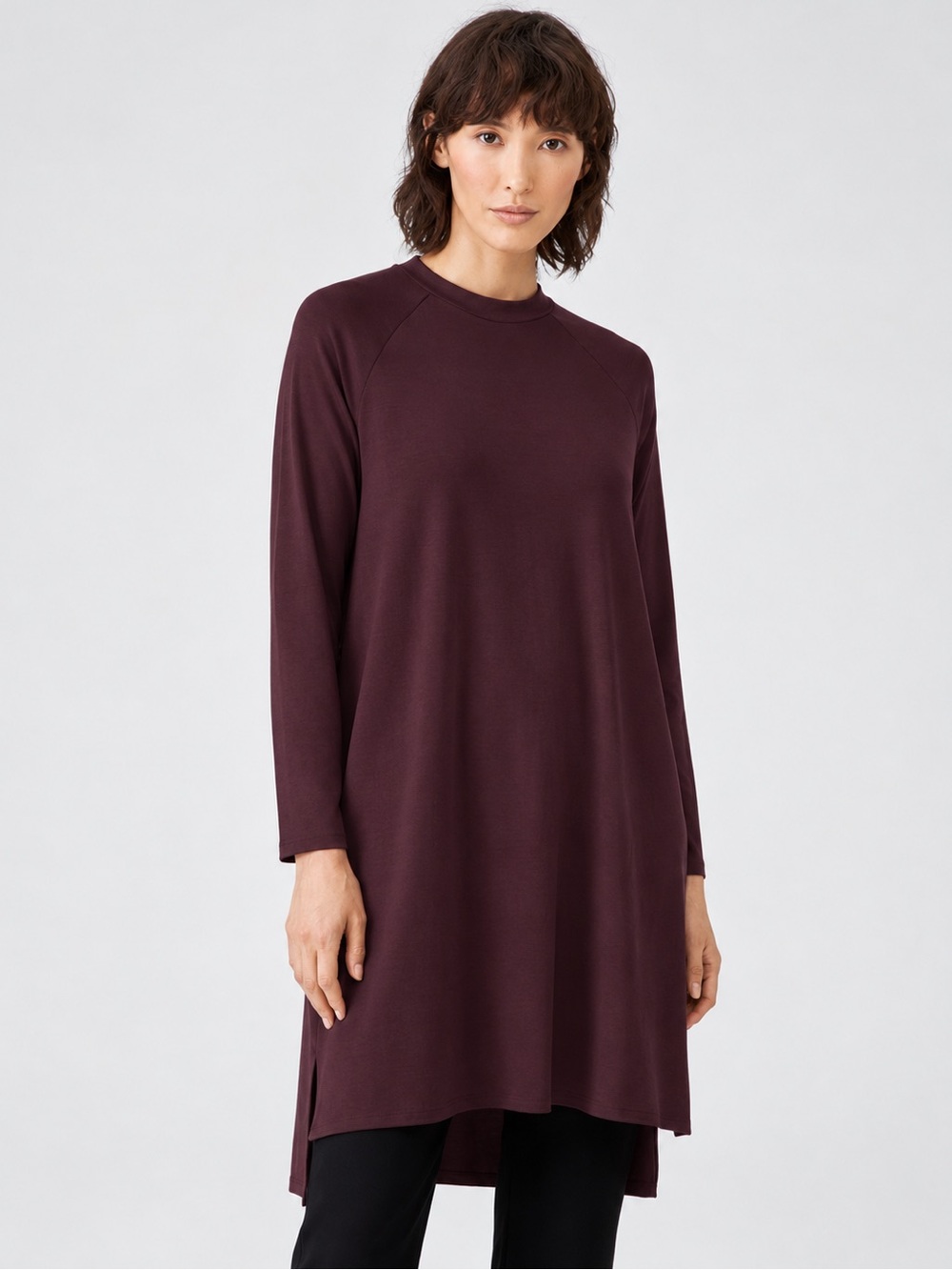 Eileen Fisher Cassis Viscose Jersey Crew Neck Dress XS Retail $228